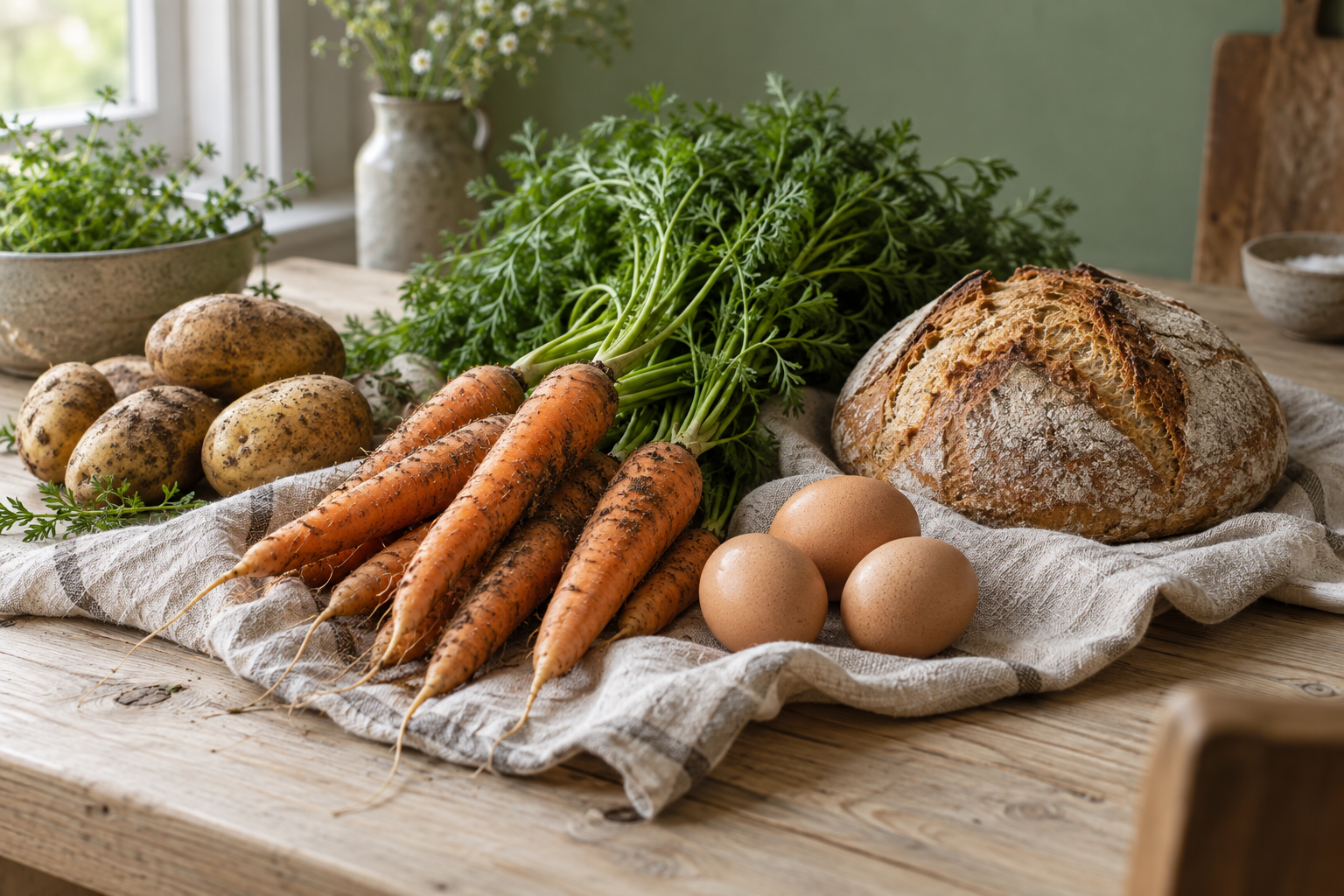 Brød, egg, gulrøtter og poteter på et bord